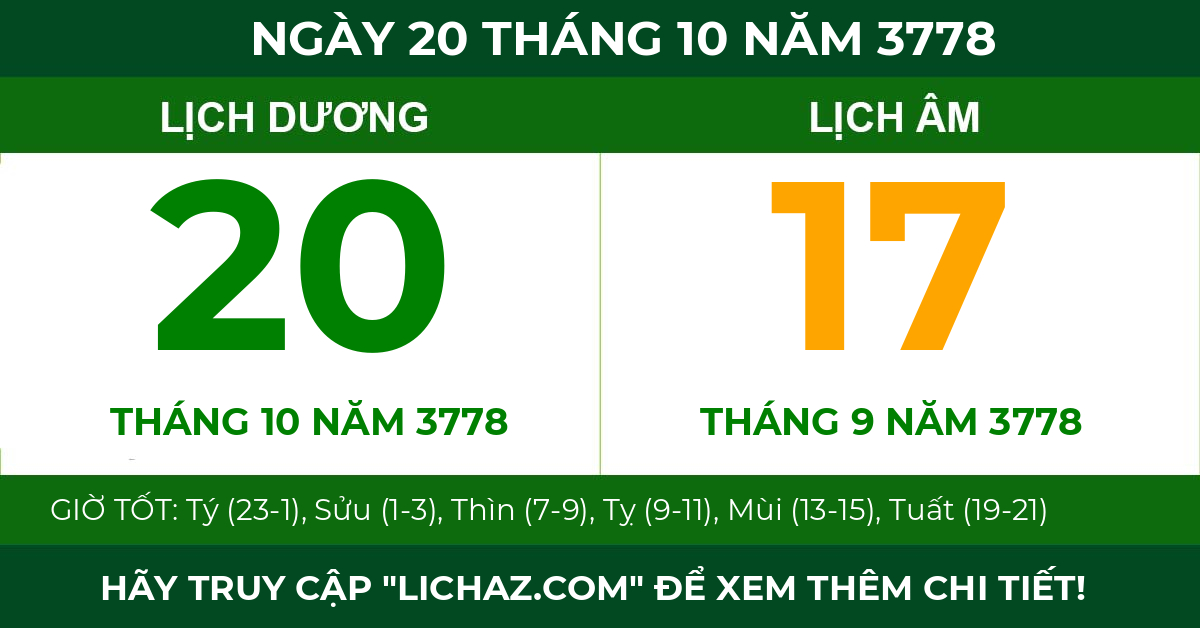lịch âm ngày 20 tháng 10 năm 3778
