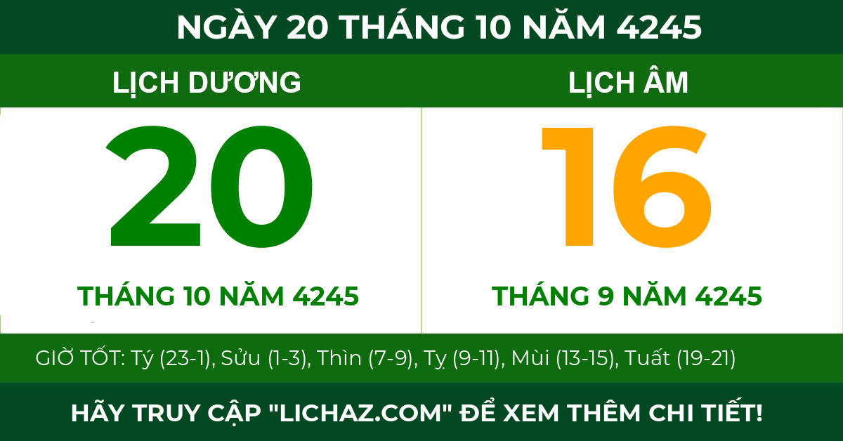 lịch âm ngày 20 tháng 10 năm 4245