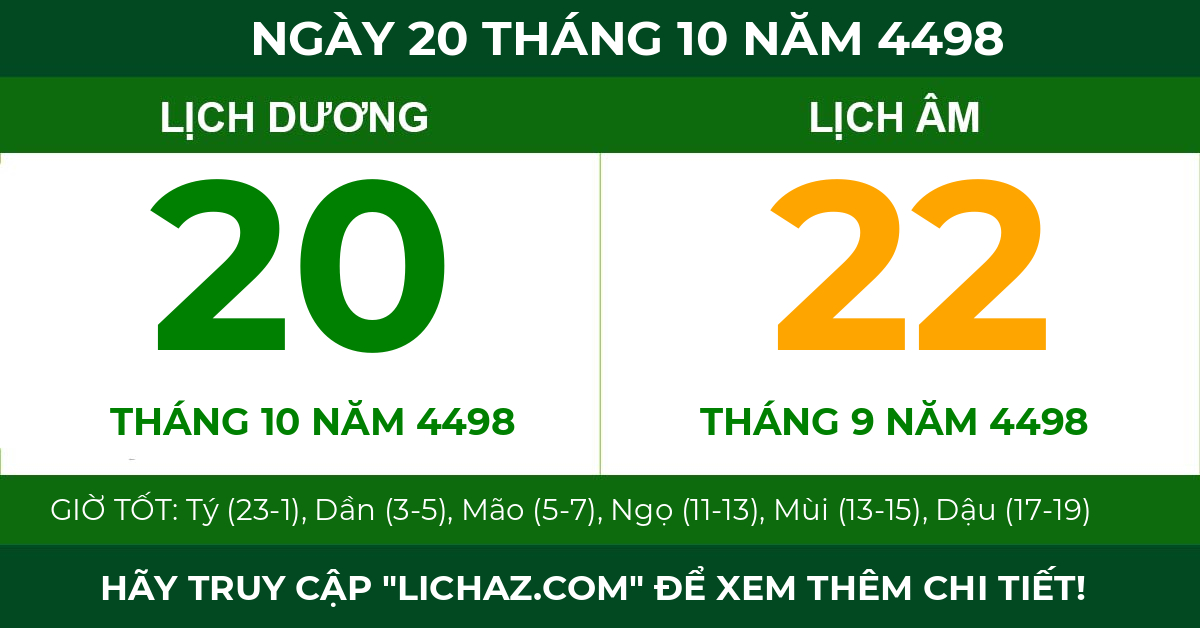 lịch âm ngày 20 tháng 10 năm 4498
