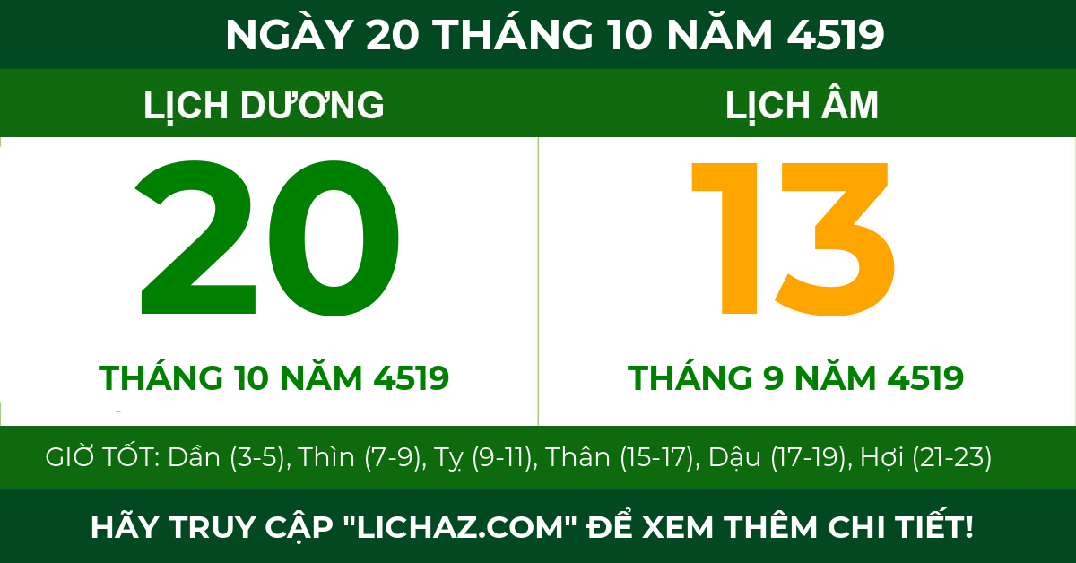 lịch âm ngày 20 tháng 10 năm 4519