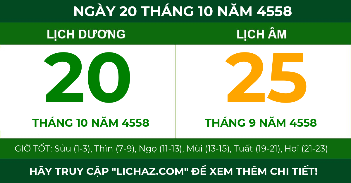 lịch âm ngày 20 tháng 10 năm 4558