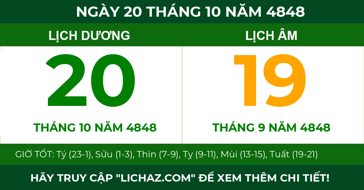 lịch âm ngày 20 tháng 10 năm 4848