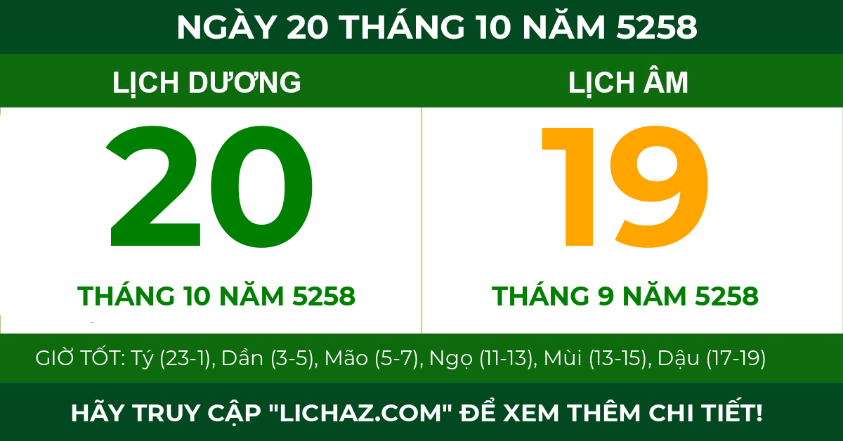 lịch âm ngày 20 tháng 10 năm 5258
