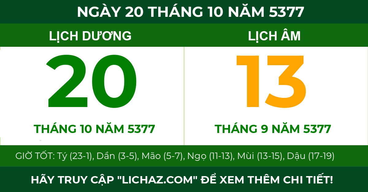 lịch âm ngày 20 tháng 10 năm 5377