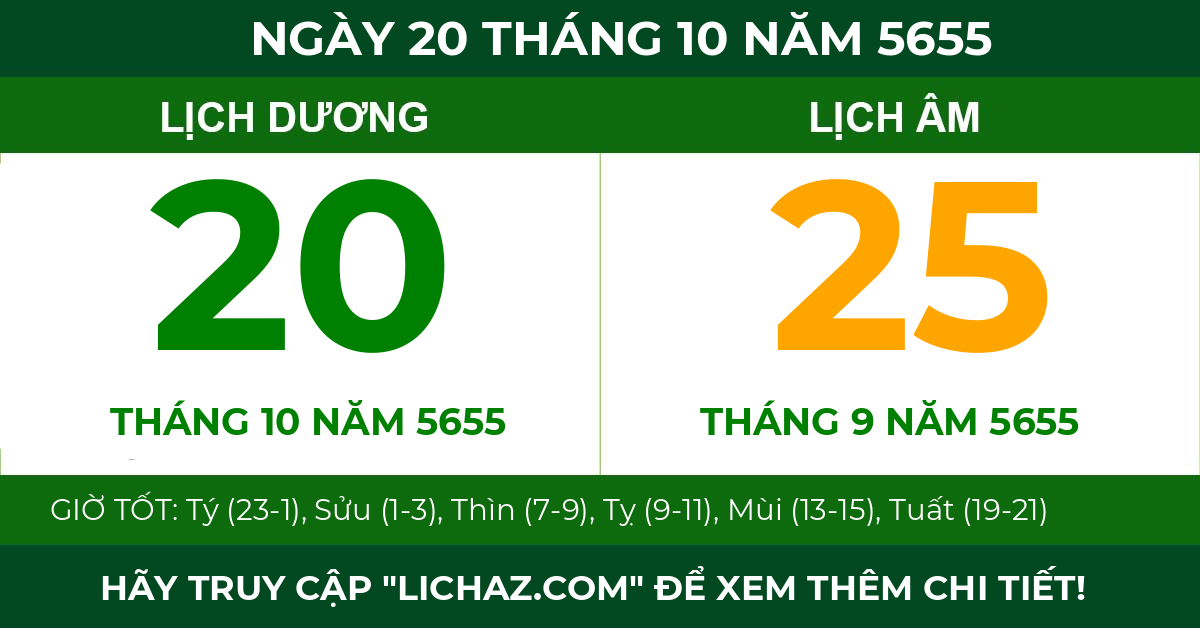 lịch âm ngày 20 tháng 10 năm 5655