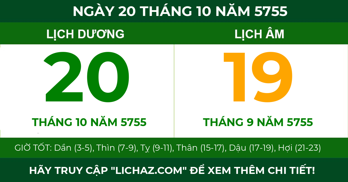 lịch âm ngày 20 tháng 10 năm 5755