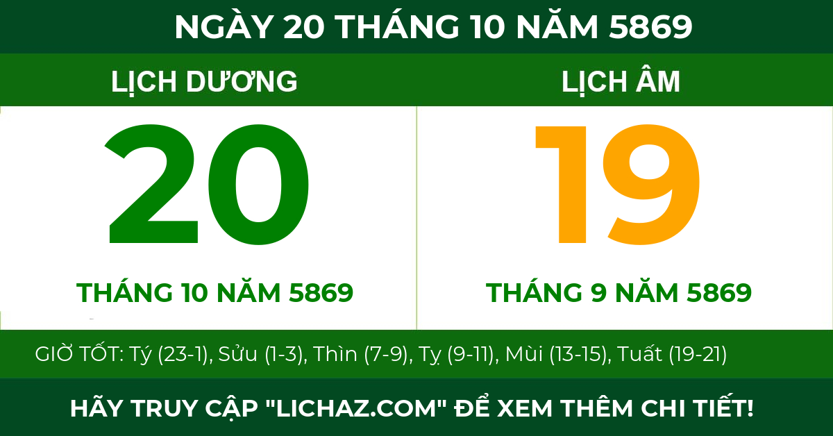 lịch âm ngày 20 tháng 10 năm 5869