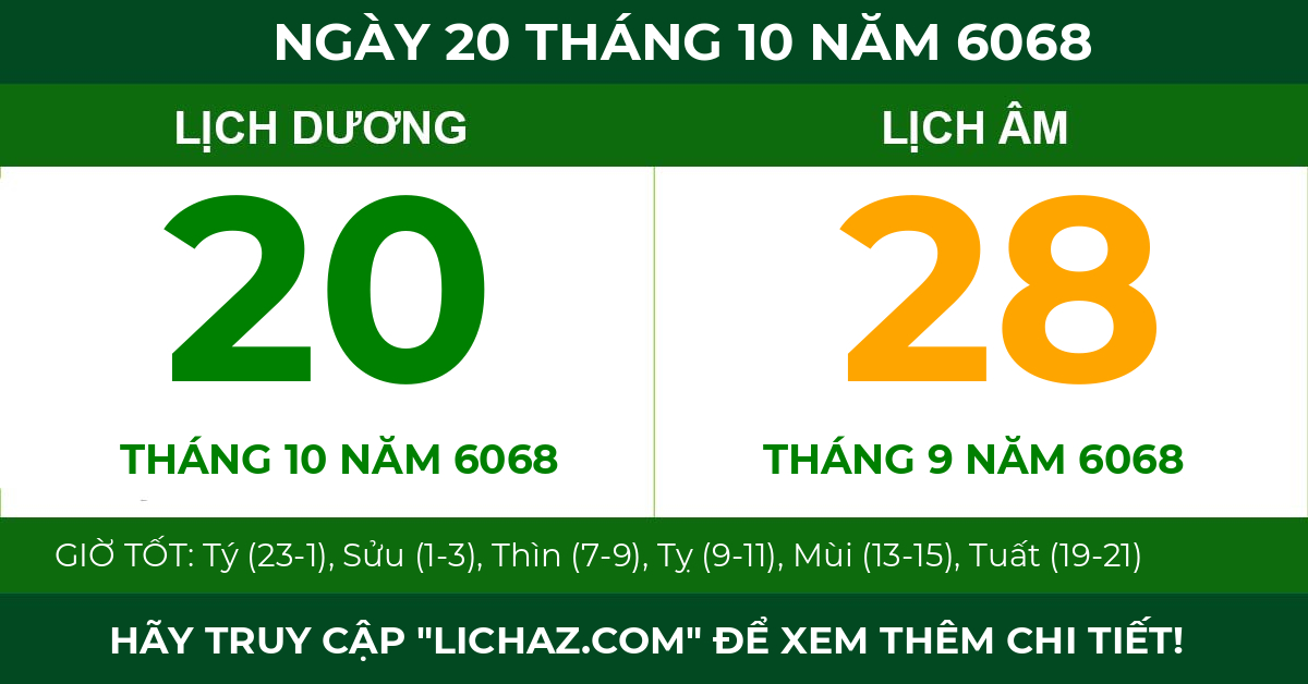 lịch âm ngày 20 tháng 10 năm 6068