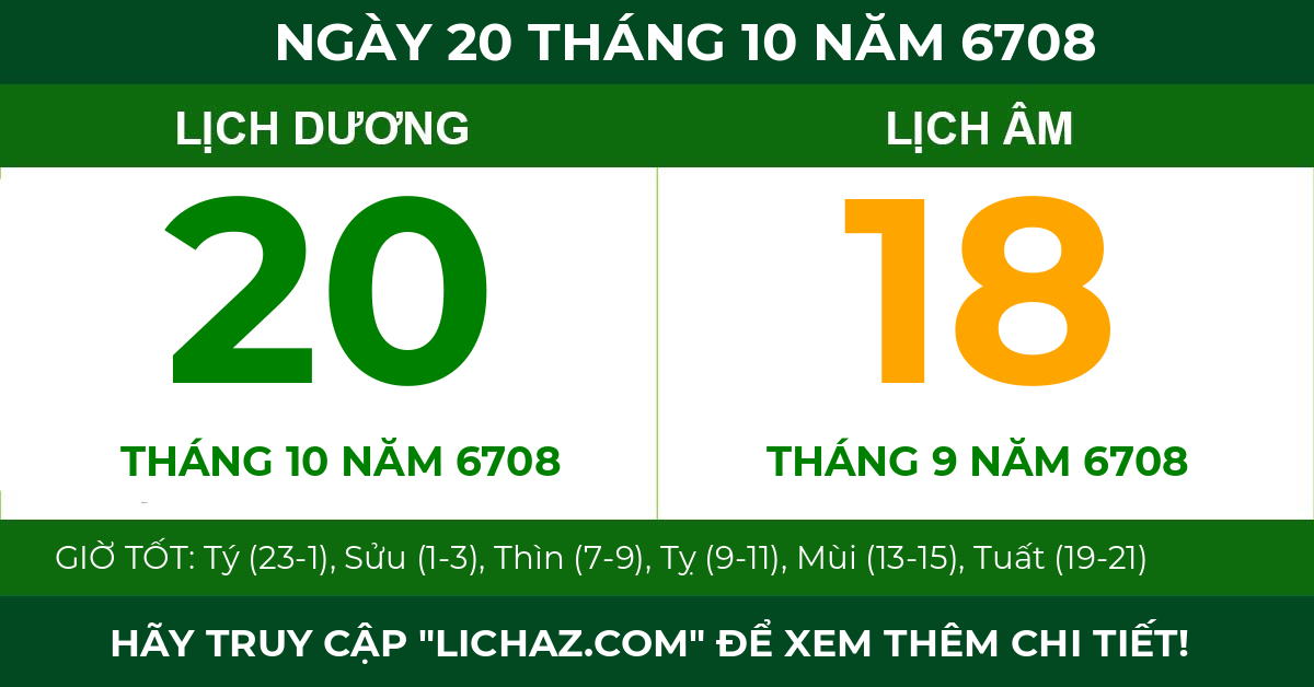 lịch âm ngày 20 tháng 10 năm 6708
