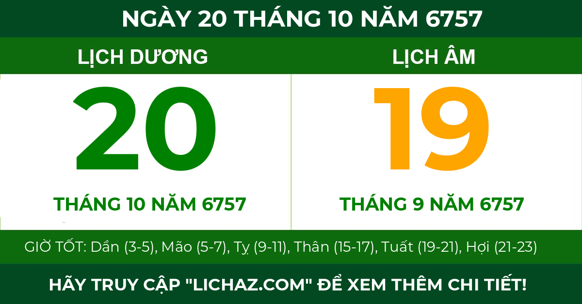 lịch âm ngày 20 tháng 10 năm 6757