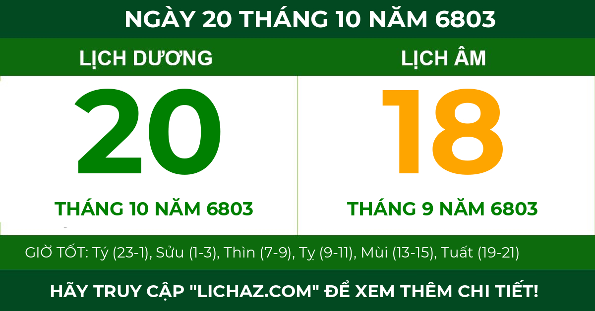 lịch âm ngày 20 tháng 10 năm 6803
