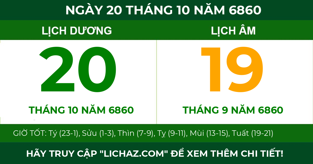 lịch âm ngày 20 tháng 10 năm 6860