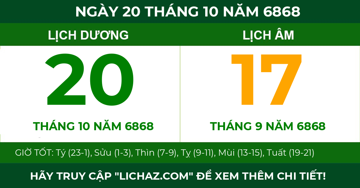lịch âm ngày 20 tháng 10 năm 6868
