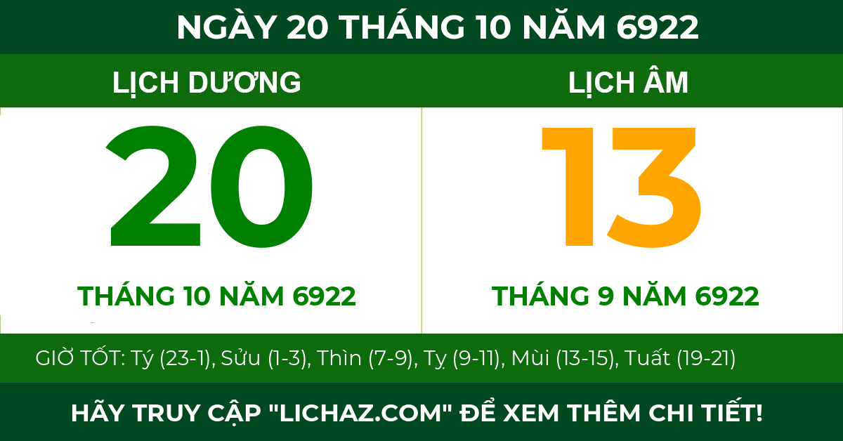 lịch âm ngày 20 tháng 10 năm 6922