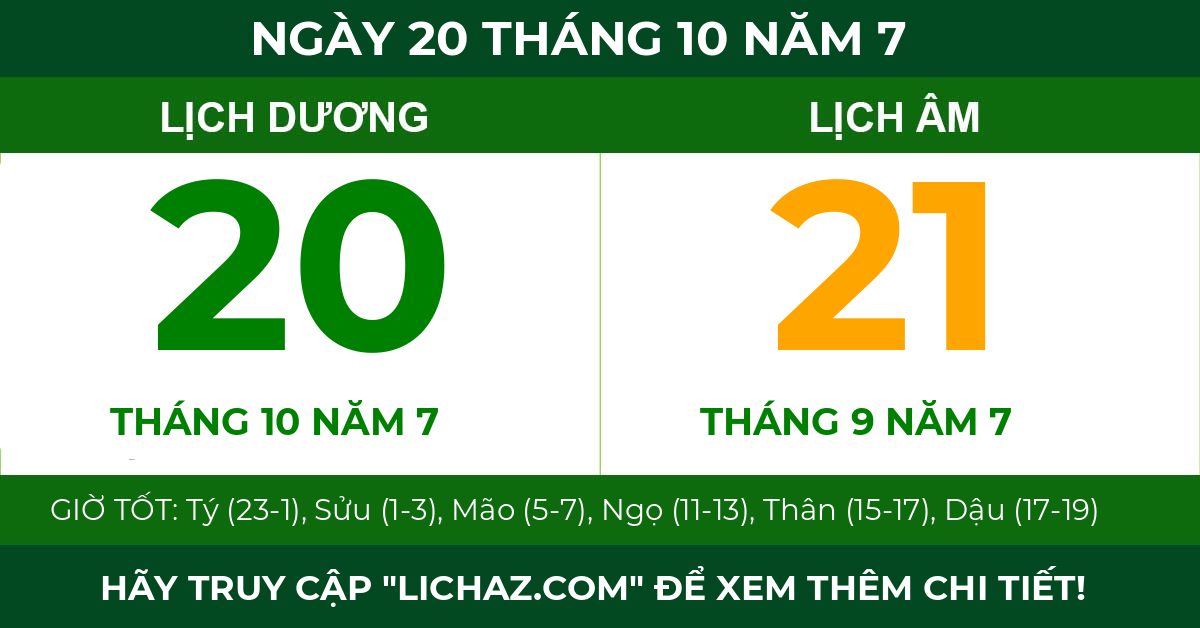 lịch âm ngày 20 tháng 10 năm 7