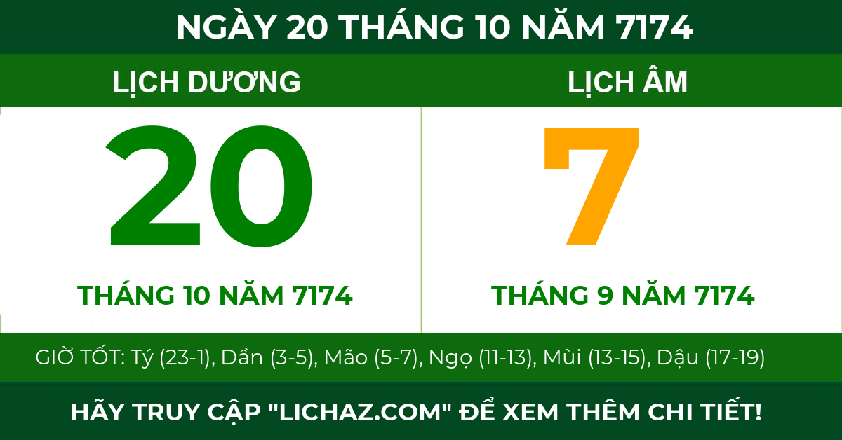 lịch âm ngày 20 tháng 10 năm 7174