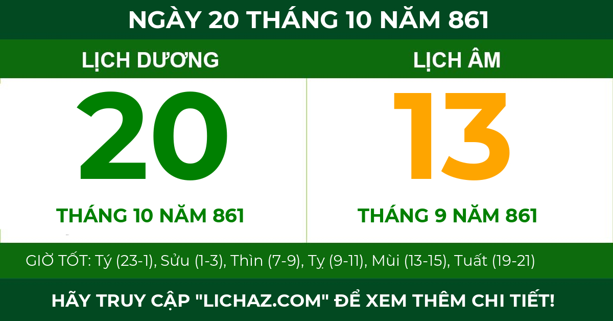lịch âm ngày 20 tháng 10 năm 861