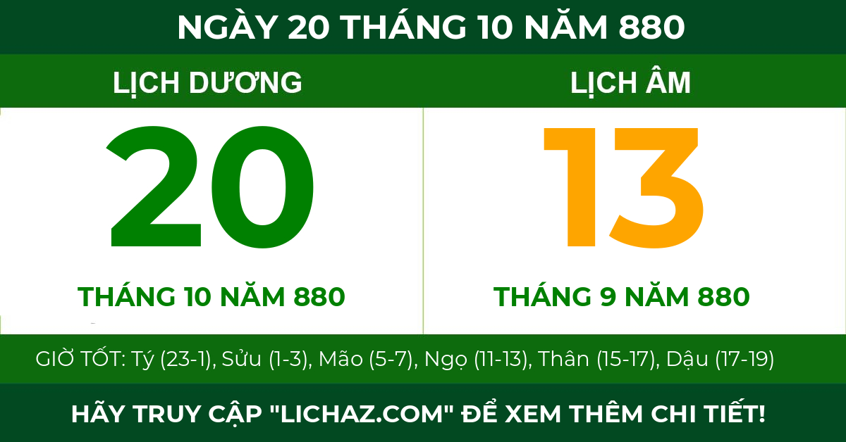 lịch âm ngày 20 tháng 10 năm 880