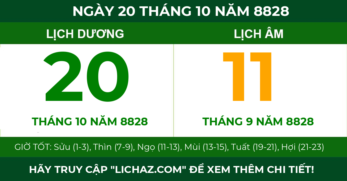 lịch âm ngày 20 tháng 10 năm 8828