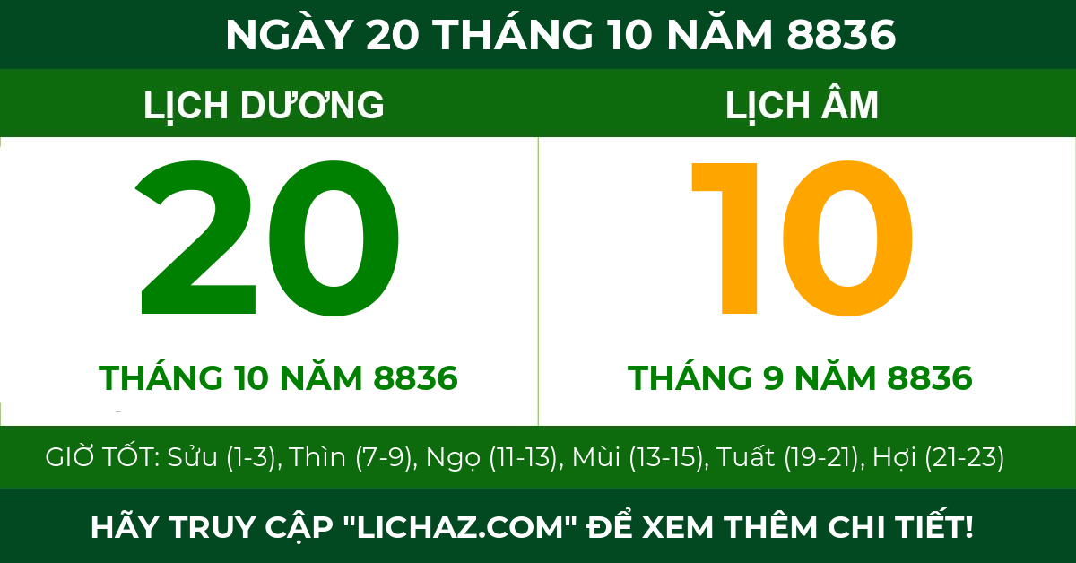 lịch âm ngày 20 tháng 10 năm 8836