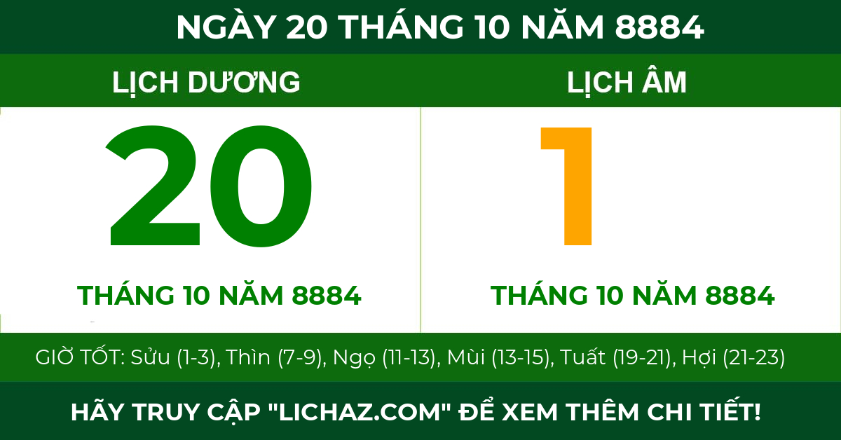 lịch âm ngày 20 tháng 10 năm 8884
