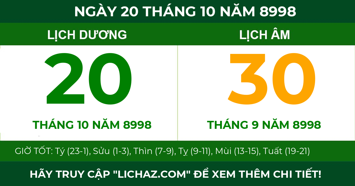 lịch âm ngày 20 tháng 10 năm 8998