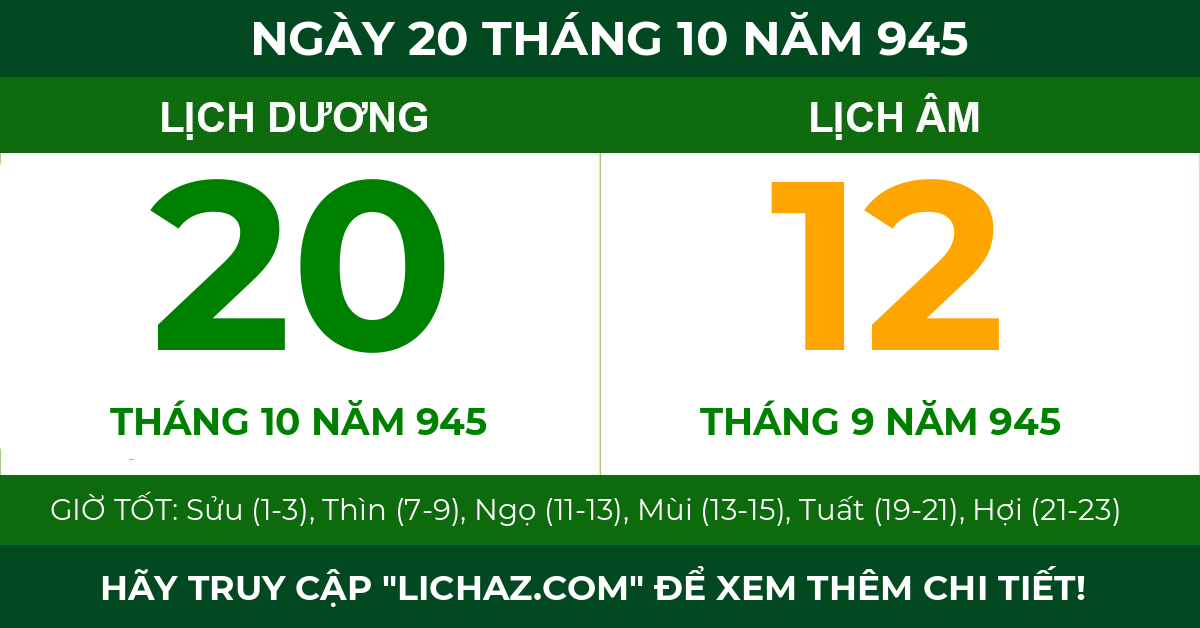 lịch âm ngày 20 tháng 10 năm 945
