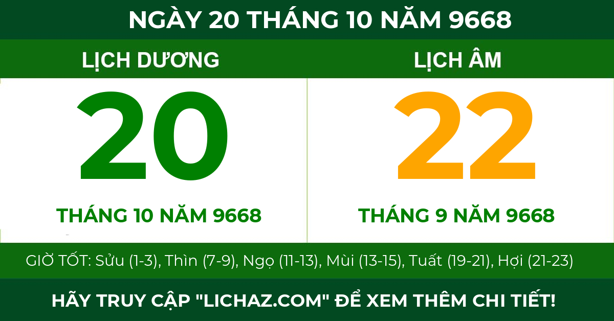 lịch âm ngày 20 tháng 10 năm 9668