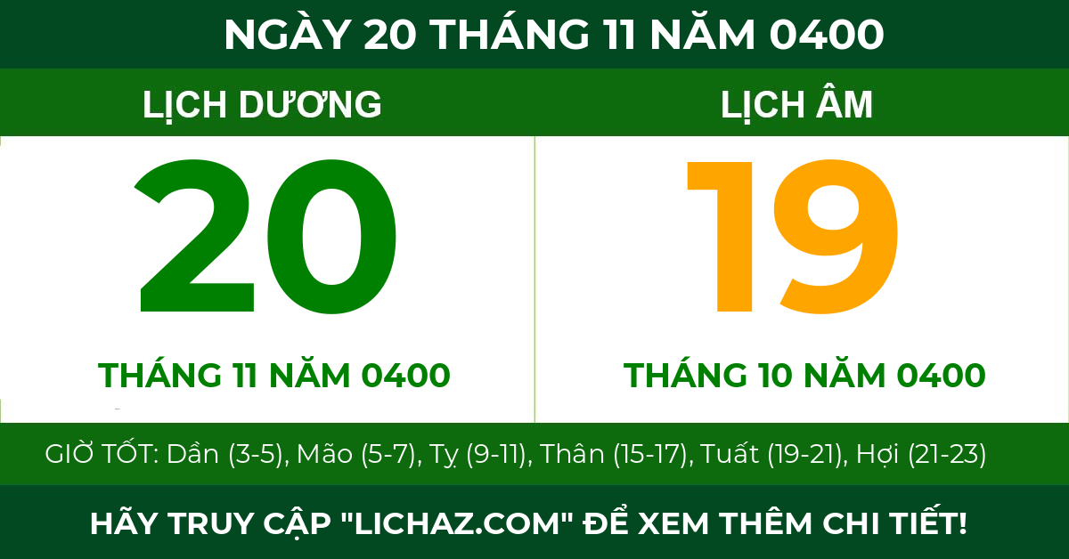 lịch âm ngày 20 tháng 11 năm 0400