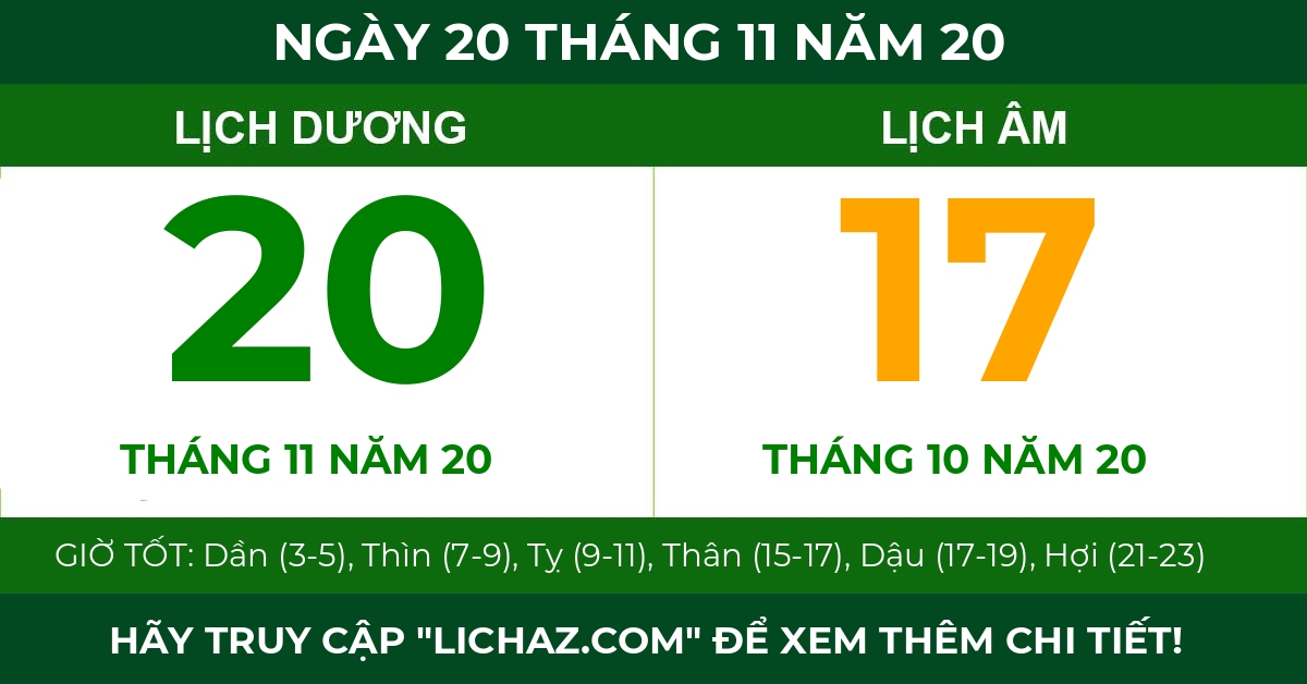 lịch âm ngày 20 tháng 11 năm 20