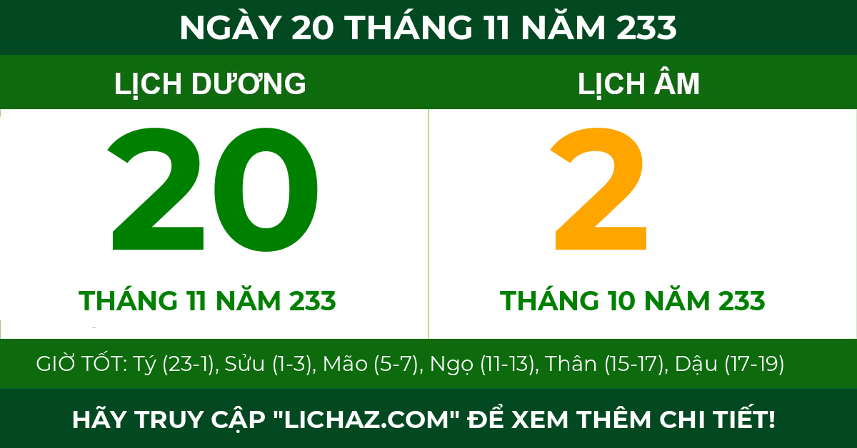lịch âm ngày 20 tháng 11 năm 233