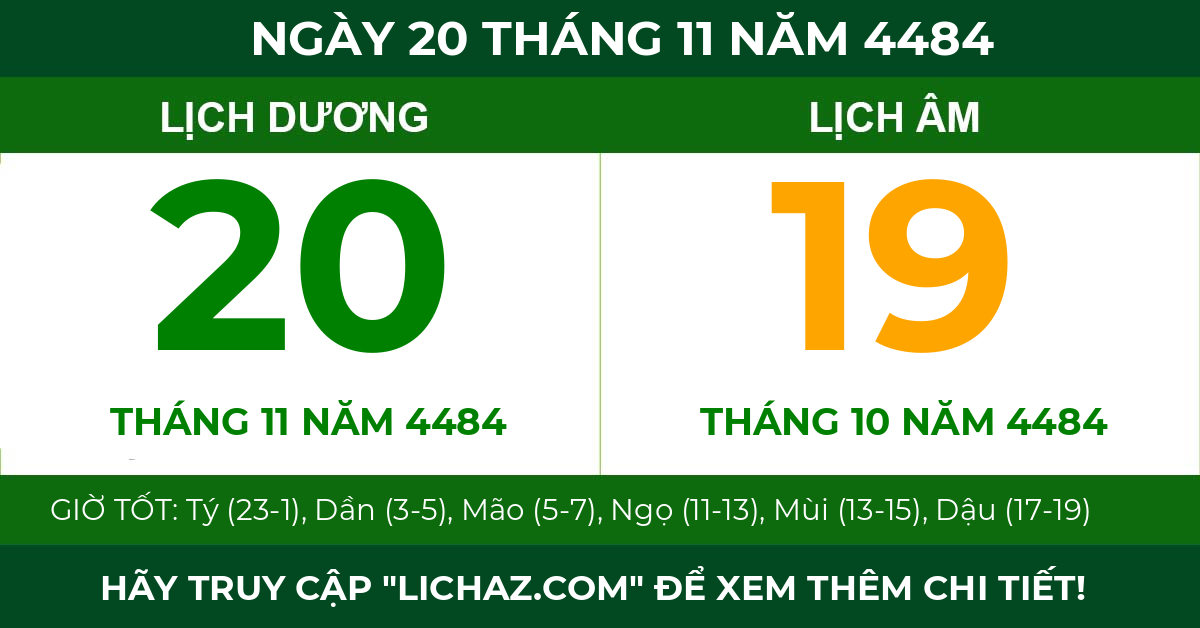 lịch âm ngày 20 tháng 11 năm 4484