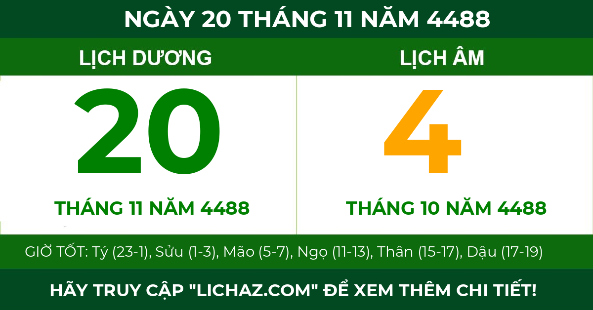 lịch âm ngày 20 tháng 11 năm 4488