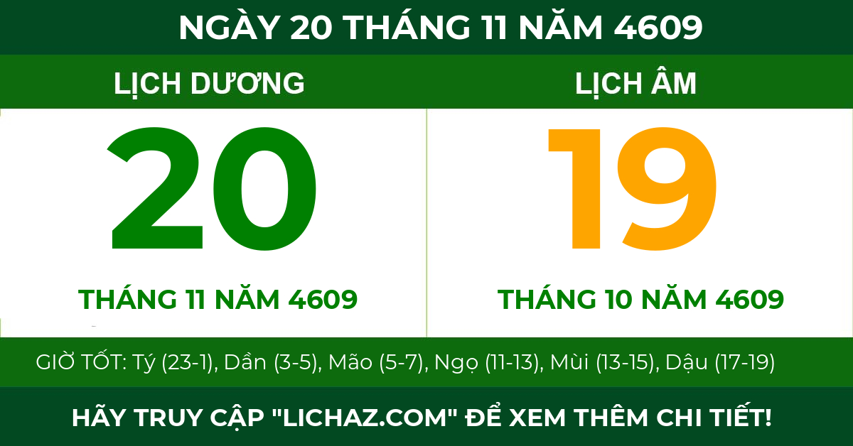 lịch âm ngày 20 tháng 11 năm 4609