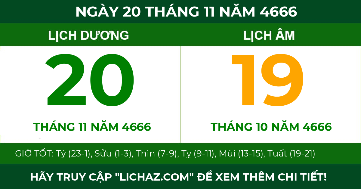 lịch âm ngày 20 tháng 11 năm 4666