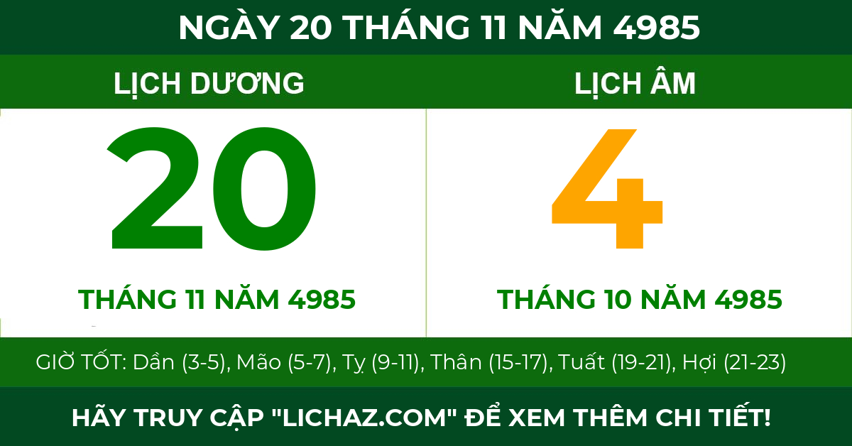 lịch âm ngày 20 tháng 11 năm 4985