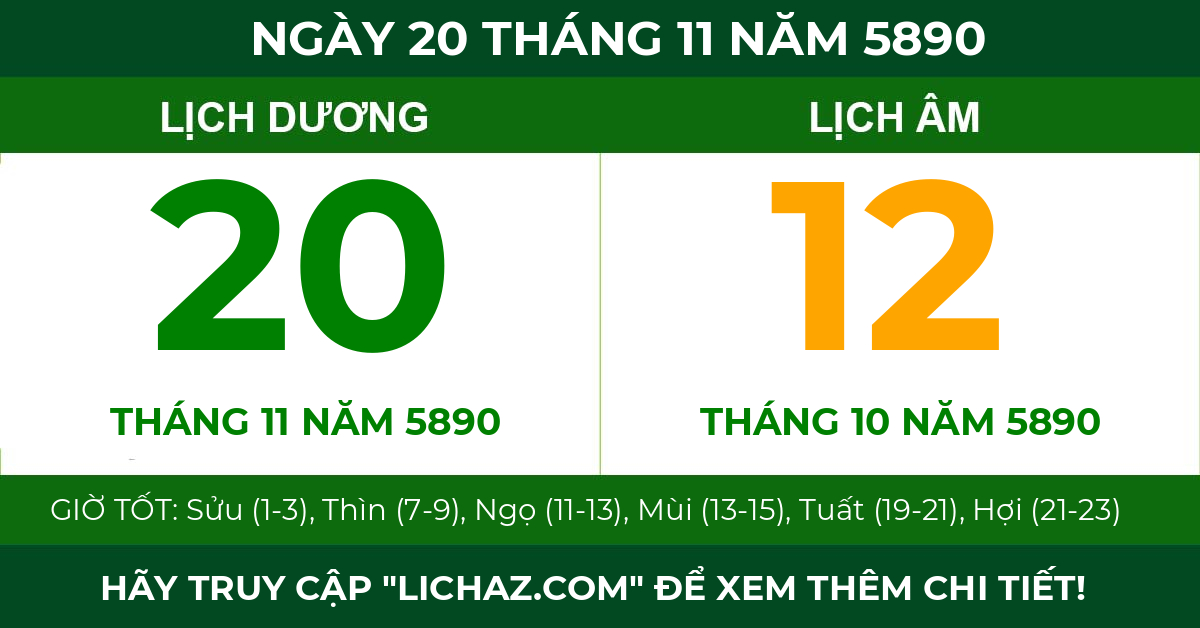 lịch âm ngày 20 tháng 11 năm 5890