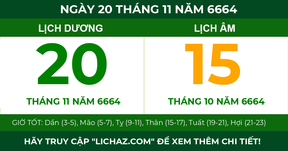 lịch âm ngày 20 tháng 11 năm 6664