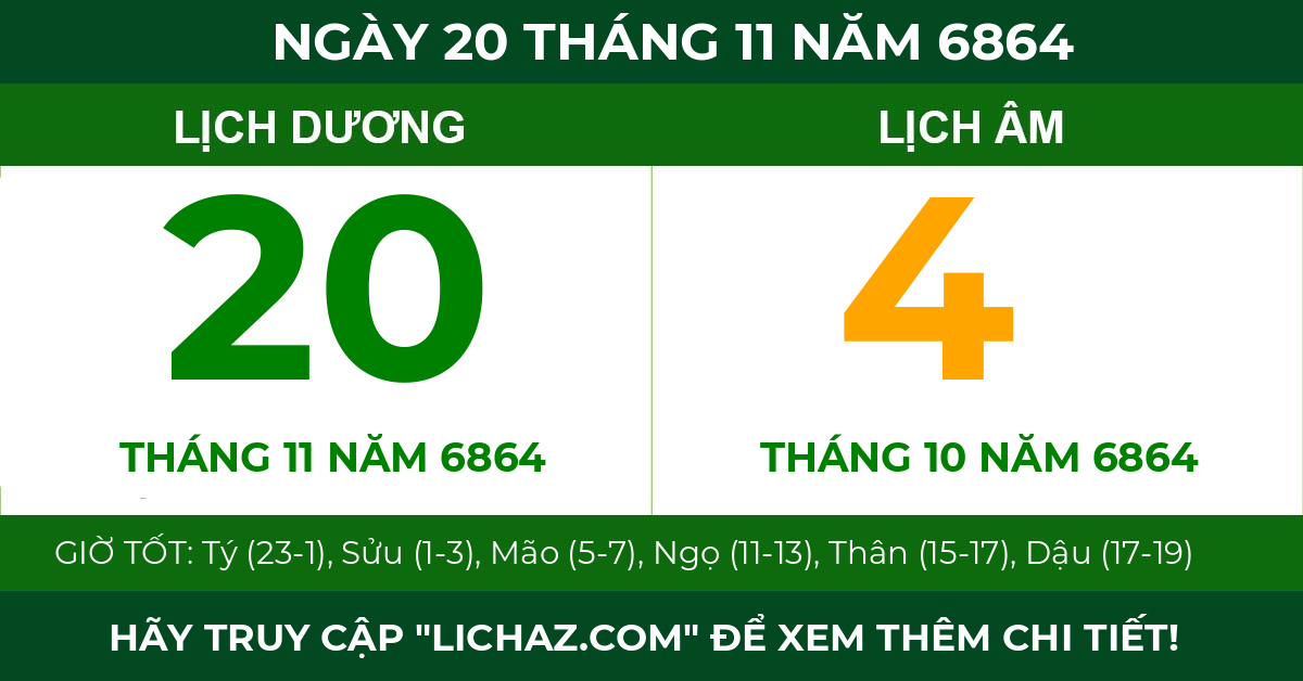 lịch âm ngày 20 tháng 11 năm 6864