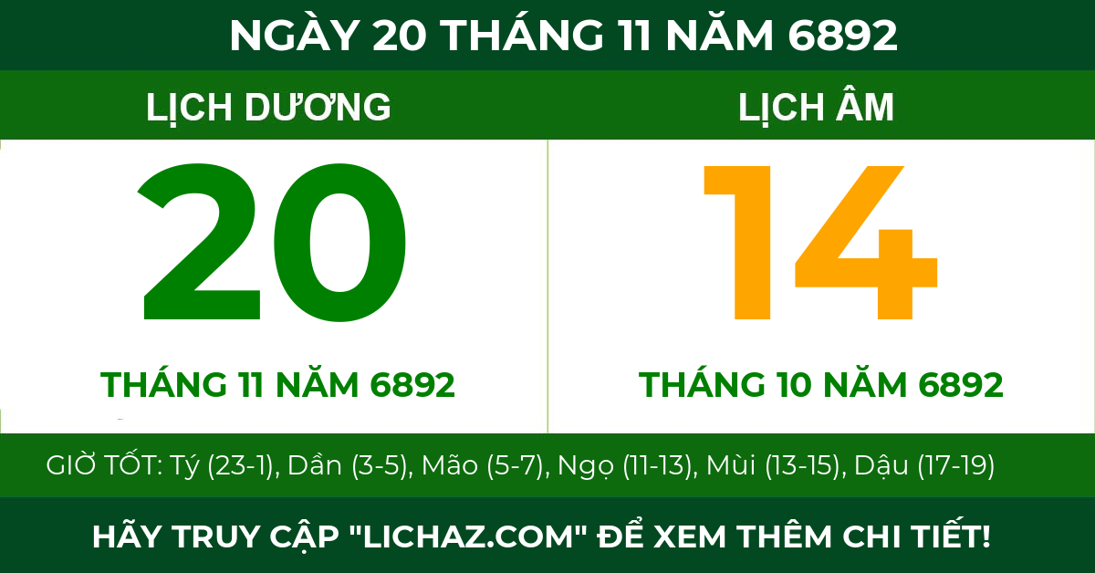 lịch âm ngày 20 tháng 11 năm 6892