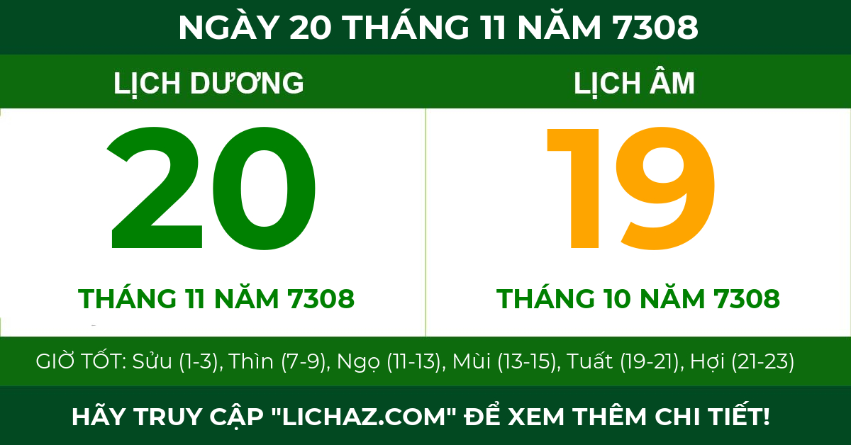 lịch âm ngày 20 tháng 11 năm 7308