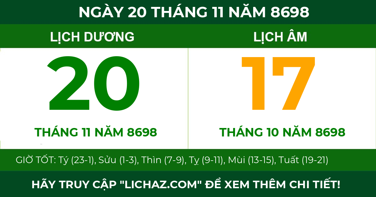 lịch âm ngày 20 tháng 11 năm 8698