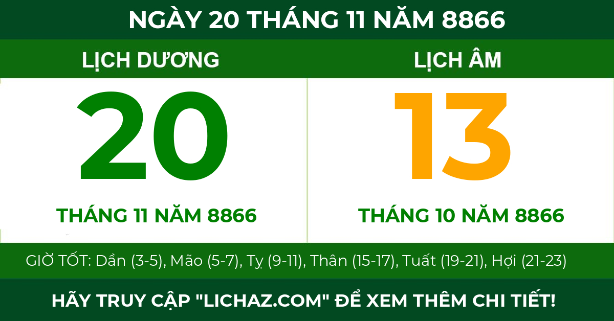 lịch âm ngày 20 tháng 11 năm 8866
