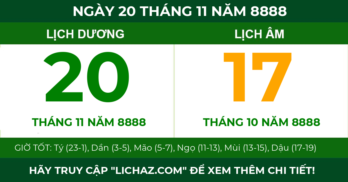lịch âm ngày 20 tháng 11 năm 8888