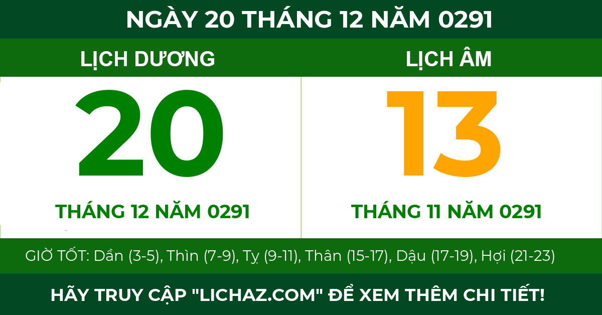 lịch âm ngày 20 tháng 12 năm 0291