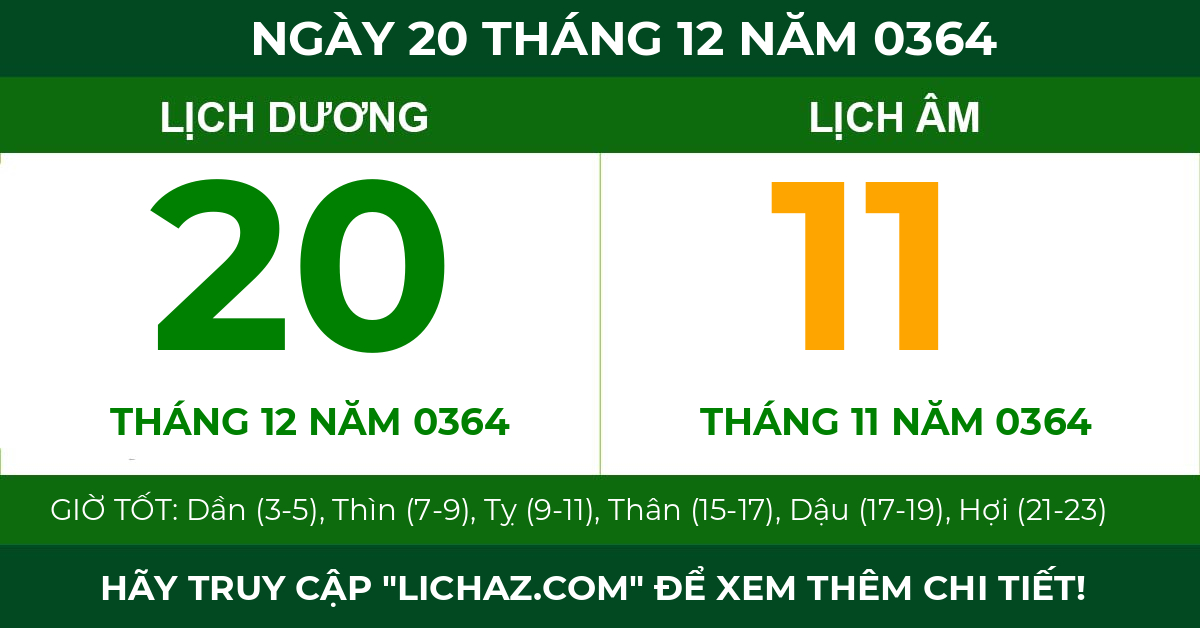 lịch âm ngày 20 tháng 12 năm 0364