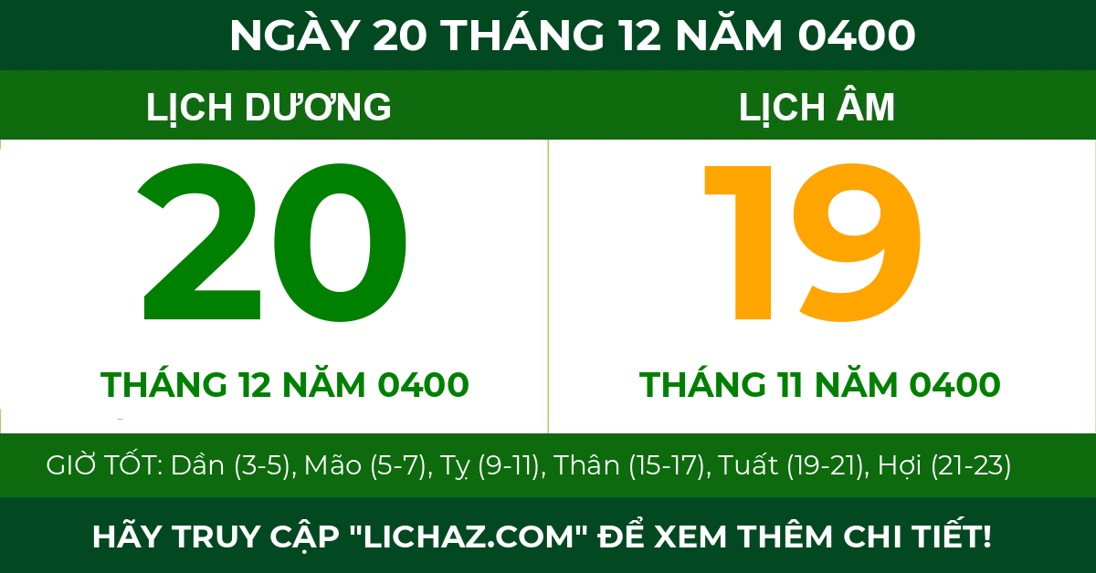 lịch âm ngày 20 tháng 12 năm 0400