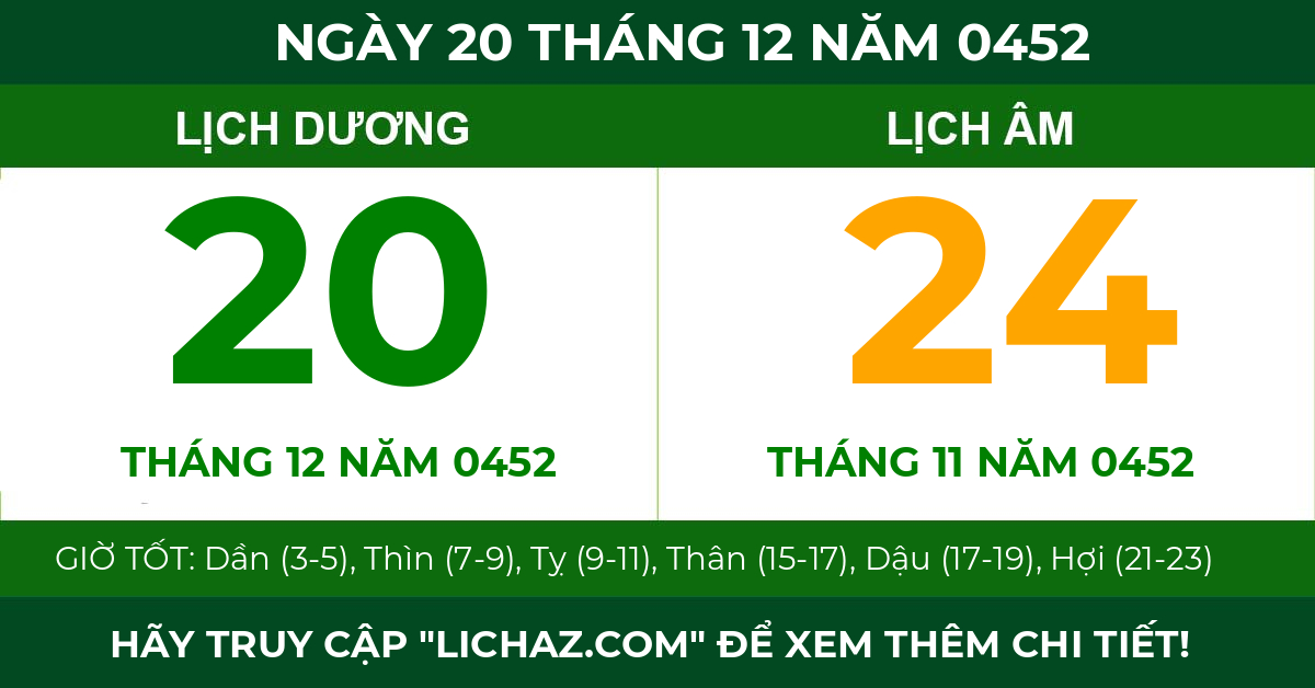 lịch âm ngày 20 tháng 12 năm 0452