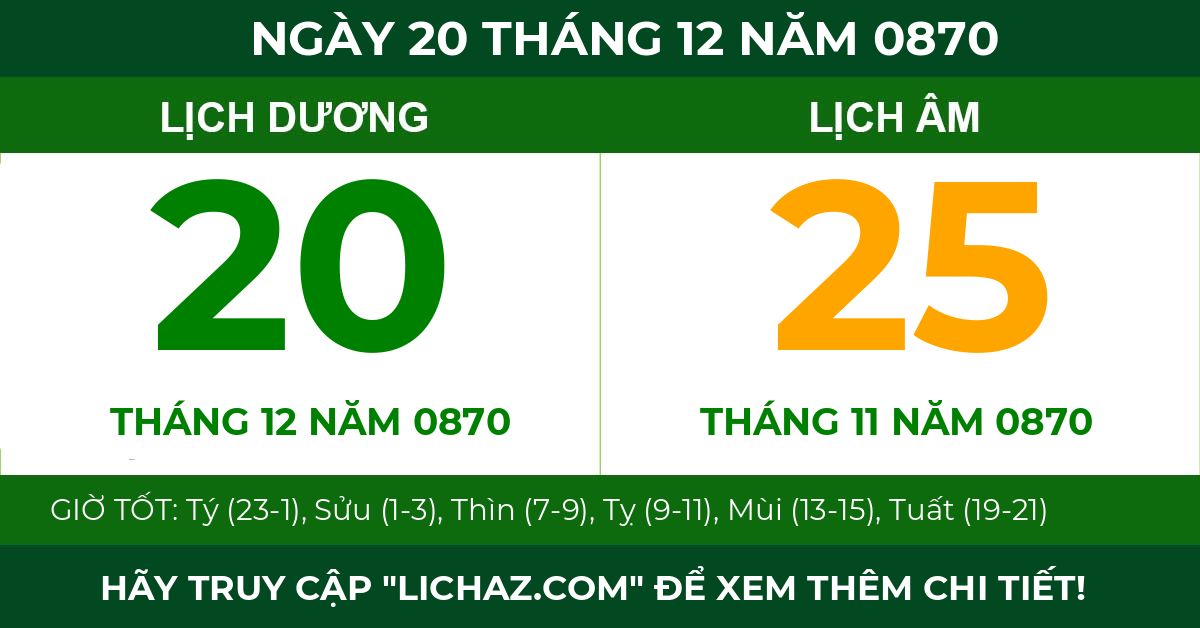 lịch âm ngày 20 tháng 12 năm 0870