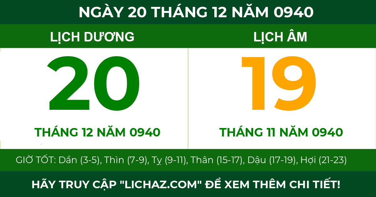 lịch âm ngày 20 tháng 12 năm 0940